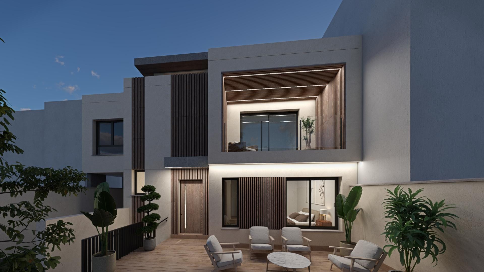 terraza delantera terraza delantera nocturna de una vivienda unifamiliar hecha por tovar arquitectos para chalets.